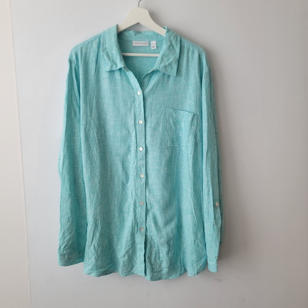 susan graver women's linen blend shirt size XL roll tab sleeve coastal beachy